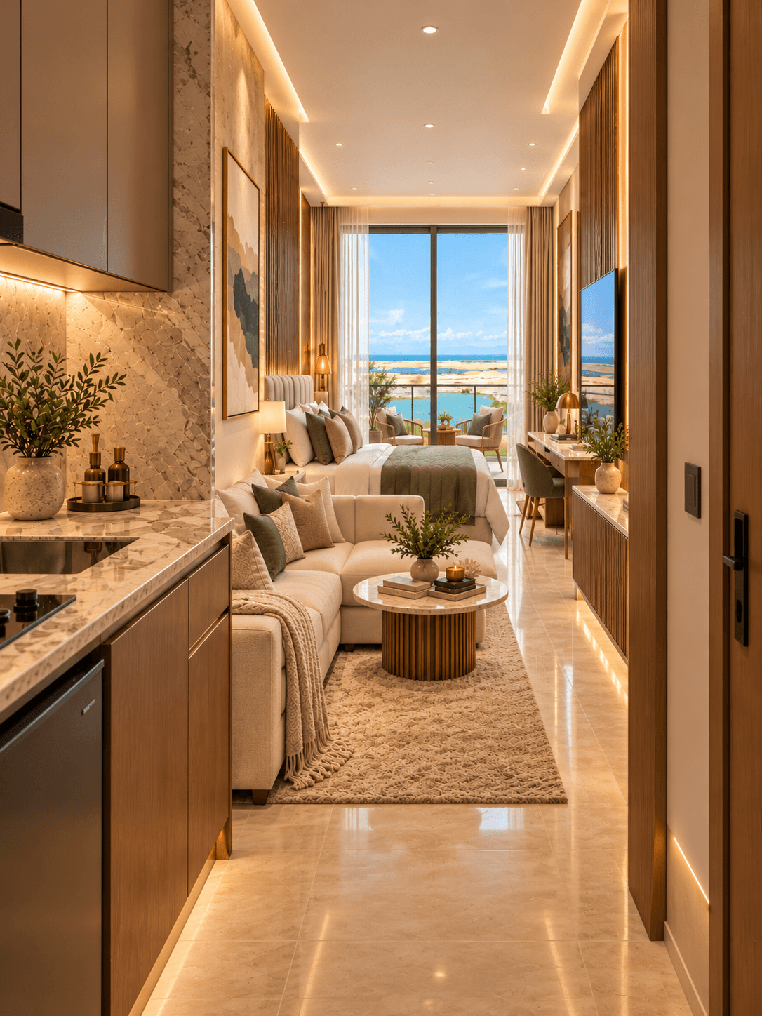Waterview apartment interior with waterfront view